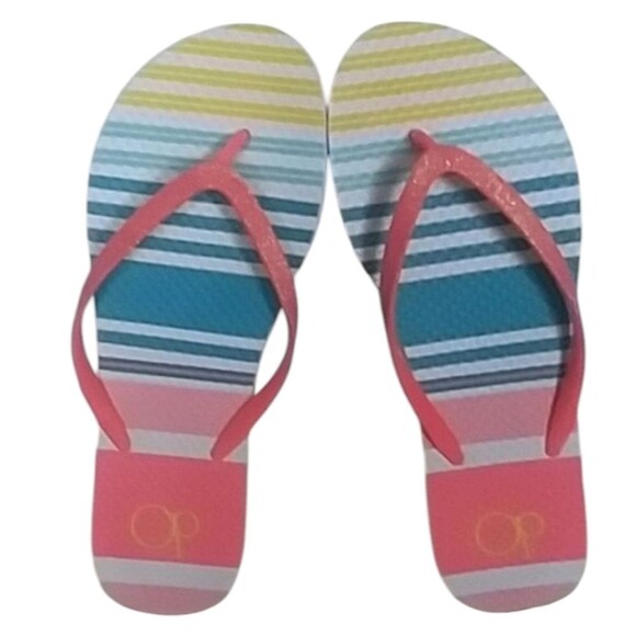 OP Ocean Pacific Womens Glitter Stripes Flip Flops Size Beach Pool Colorful 9-10 - Picture 1 of 6